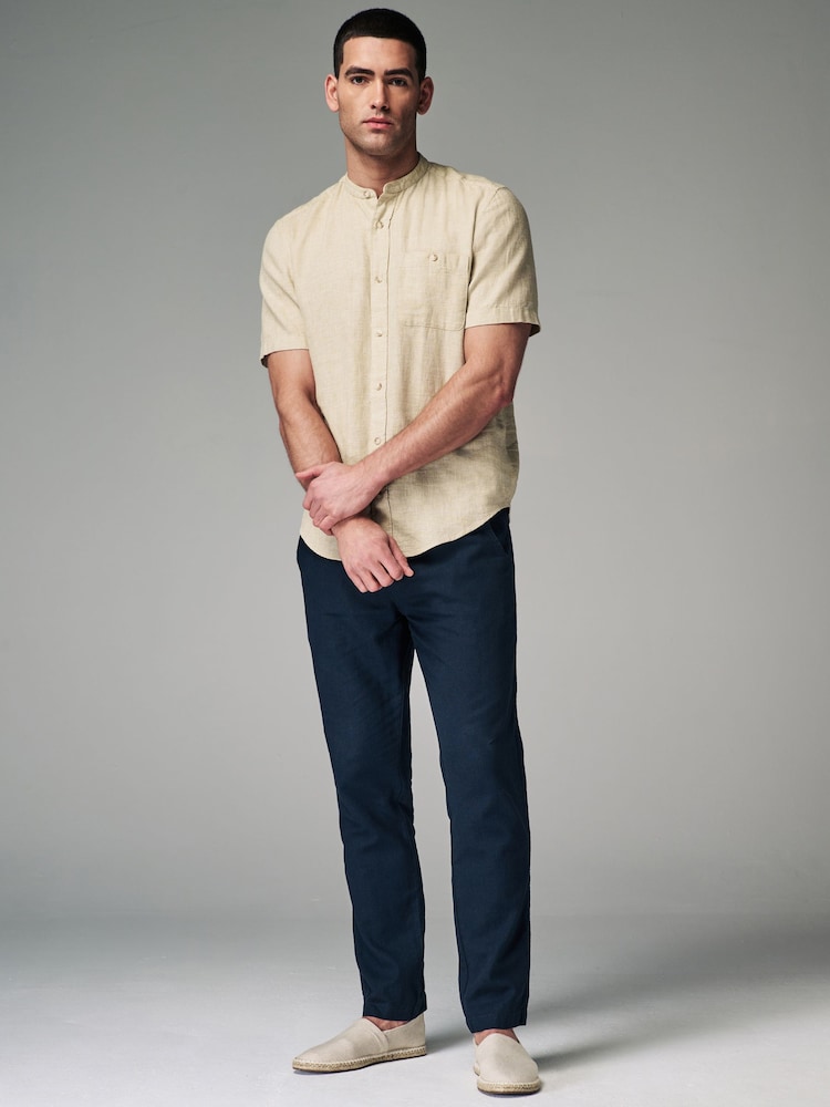 Charcoal Grey Slim Fit Linen Cotton Elasticated Drawstring Trousers - Image 2 of 9