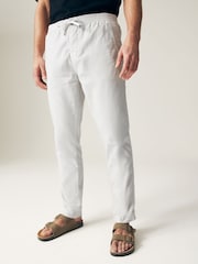 Light Grey Slim Fit Linen Cotton Elasticated Drawstring Trousers - Image 1 of 12