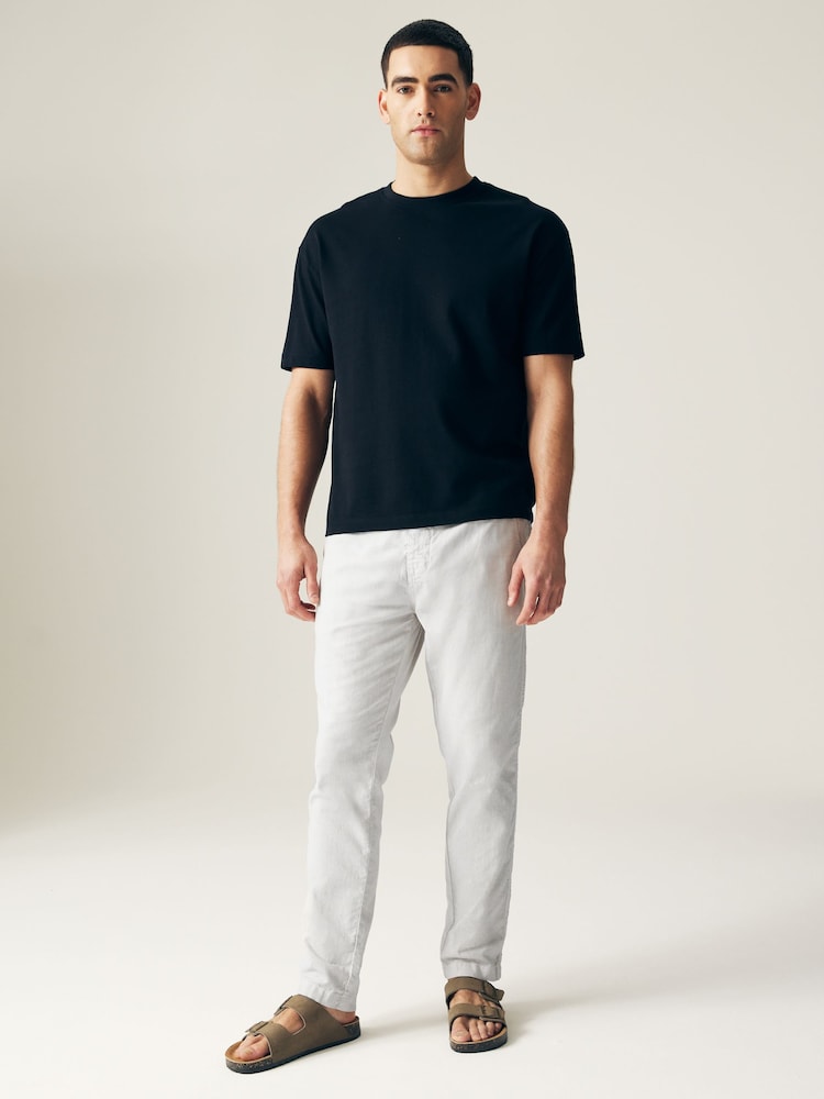 Light Grey Slim Fit Linen Cotton Elasticated Drawstring Trousers - Image 2 of 12
