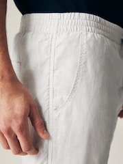 Light Grey Slim Fit Linen Cotton Elasticated Drawstring Trousers - Image 7 of 12