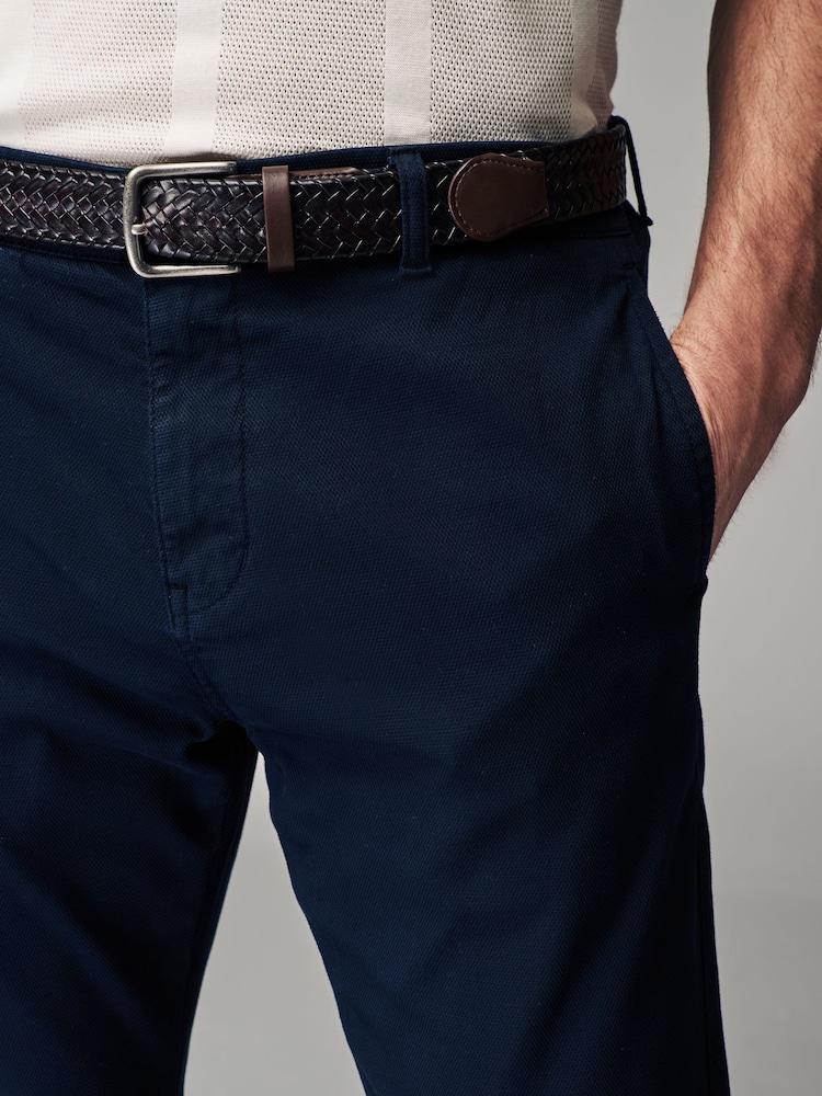 Navy Blue Slim Fit Textured Belted Trousers - Image 1 of 10