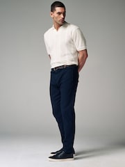Navy Blue Slim Fit Textured Belted Trousers - Image 4 of 10