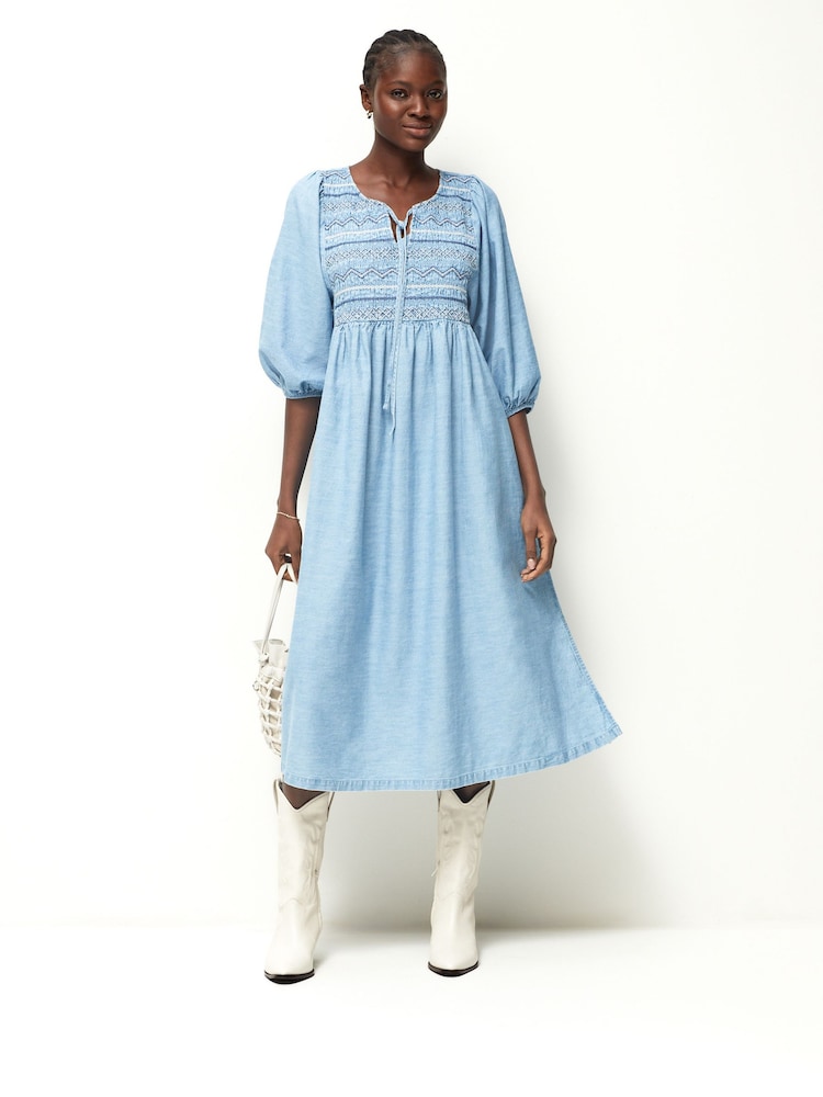 Blue Embroidered Midi Denim Smock Dress - Image 1 of 3 Blue Embroidered Midi Denim Smock Dress - Image 1 of 3