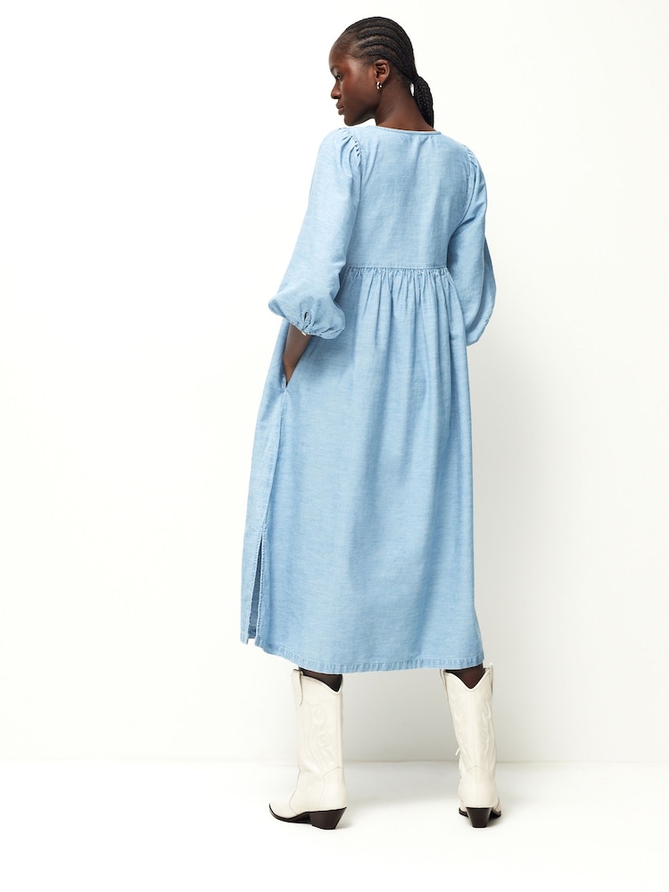 Blue Embroidered Midi Denim Smock Dress - Image 2 of 3 Blue Embroidered Midi Denim Smock Dress - Image 2 of 3
