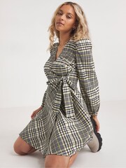 Simply Be Yellow Check Textured Wrap Dress - Image 3 of 4