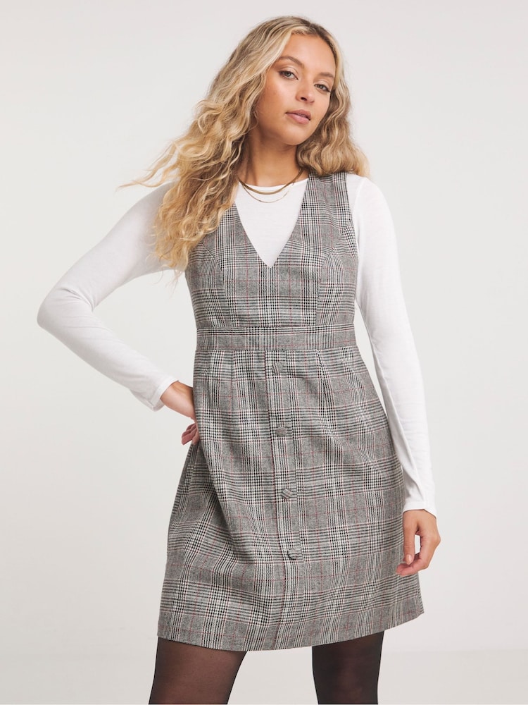 Simply Be Black Mono Check Skater Pinafore Dress - Image 1 of 4