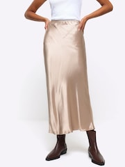 River Island Gold Easy Bias Satin Maxi Skirt - Image 1 of 6