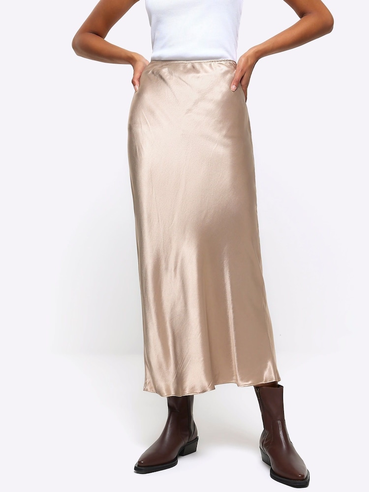 River Island Gold Easy Bias Satin Maxi Skirt - Image 1 of 6