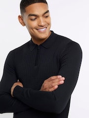 River Island Black Muscle Fit Cable Polo Jumper - Image 3 of 6
