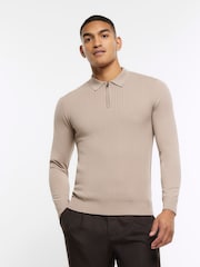 River Island Natural Muscle Fit Cable Polo Jumper - Image 1 of 5