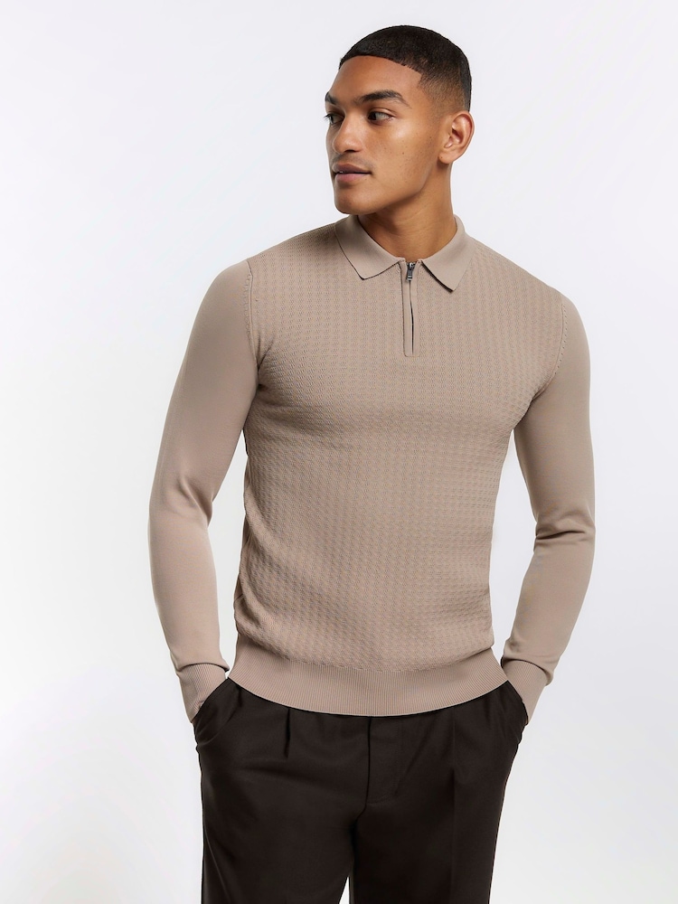 River Island Natural Muscle Fit Cable Polo Jumper - Image 2 of 5