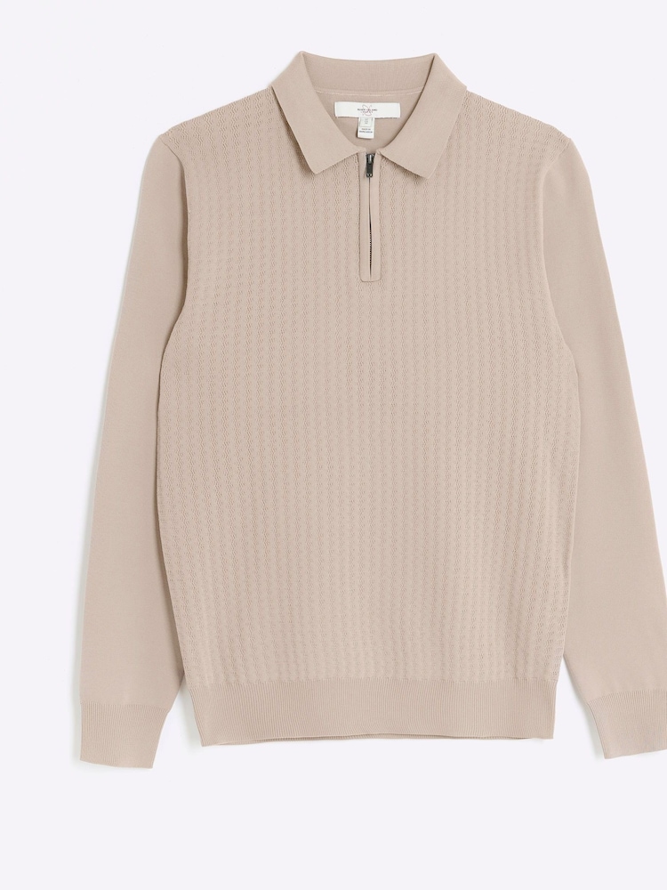 River Island Natural Muscle Fit Cable Polo Jumper - Image 5 of 5