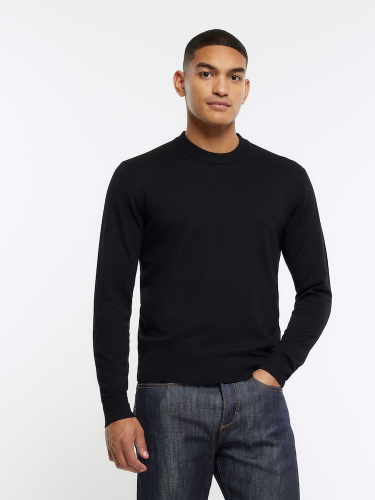 River Island Black 100% Cotton Knitted Crew Neck Jumper - Image 1 of 4