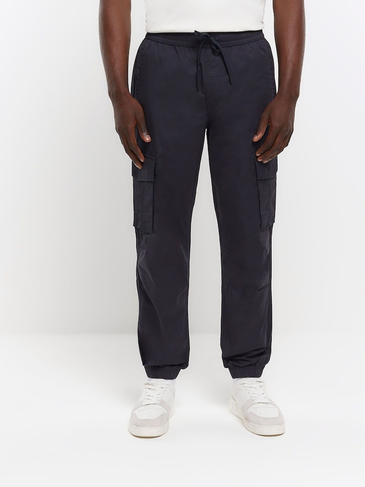 River Island Blue Washed Cargo Hatch Elasticated Joggers - Image 1 of 6