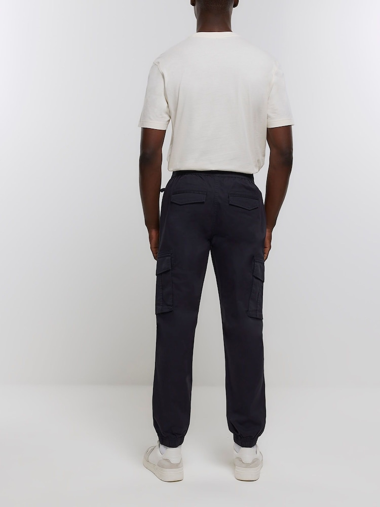 River Island Blue Washed Cargo Hatch Elasticated Joggers - Image 2 of 6 River Island Blue Washed Cargo Hatch Elasticated Joggers - Image 2 of 6
