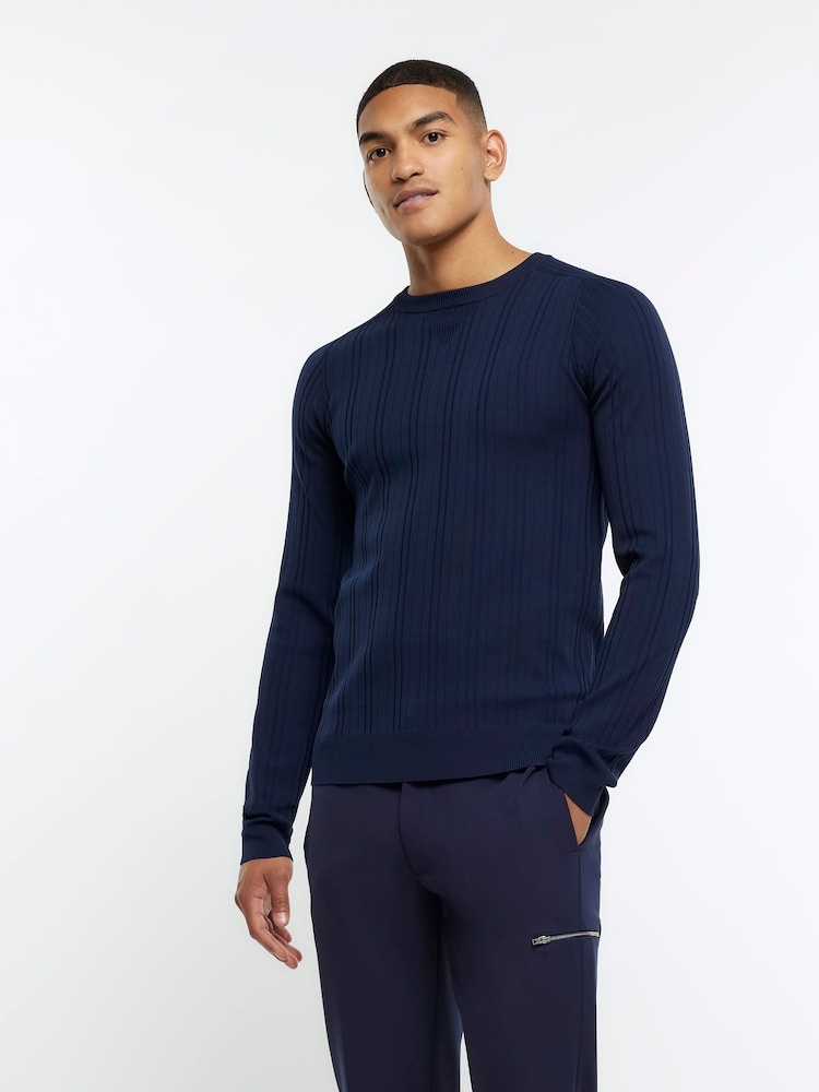 River Island Blue Muscle Fit Ribbed Jumper - Image 1 of 6