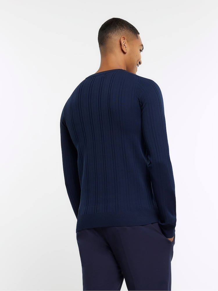 River Island Blue Muscle Fit Ribbed Jumper - Image 2 of 6