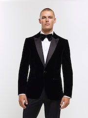 River Island Black Velvet Peak Tuxedo Jacket - Image 1 of 6