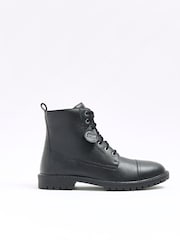 River Island Black Leather Leather Laced Combat Boots - Image 1 of 5