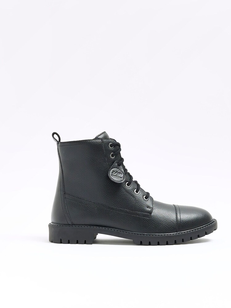 River Island Black Leather Leather Laced Combat Boots - Image 1 of 5