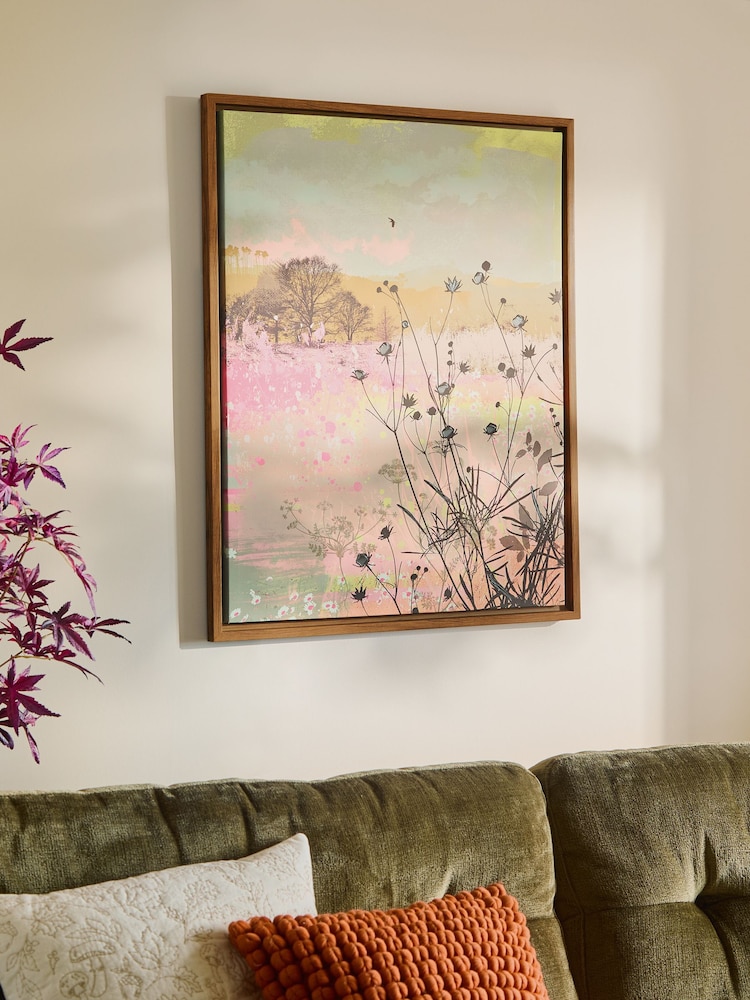 Pink Summer Meadow Landscape Framed Canvas Wall Art - Image 2 of 6