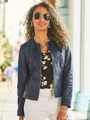 Sosandar Navy Blue Zip Front Round Neck Leather Jacket - Image 2 of 5