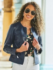 Sosandar Navy Blue Zip Front Round Neck Leather Jacket - Image 4 of 5
