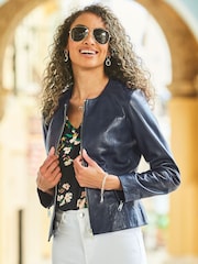 Sosandar Navy Blue Zip Front Round Neck Leather Jacket - Image 5 of 5