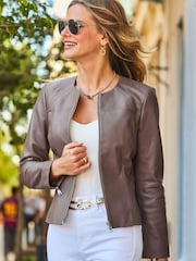 Sosandar Brown Zip Front Round Neck Leather Jacket - Image 4 of 4