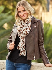 Sosandar Dark Brown Leather Biker Jacket - Image 1 of 4