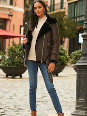 Sosandar Brown Faux Sherling Biker Jacket - Image 3 of 5