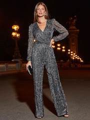 Sosandar Metallic Plisse Wrap Front Wide Leg Jumpsuit - Image 3 of 5