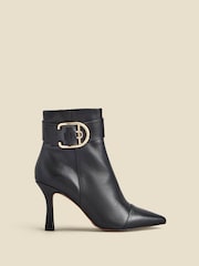 Sosandar Black Leather Buckle Detail Flared Heel Ankle Boots - Image 1 of 4