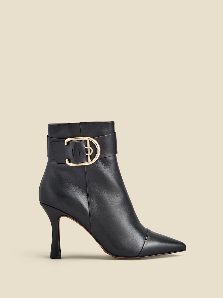 Sosandar Black Leather Buckle Detail Flared Heel Ankle Boots - Image 1 of 4
