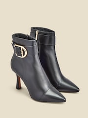 Sosandar Black Leather Buckle Detail Flared Heel Ankle Boots - Image 2 of 4