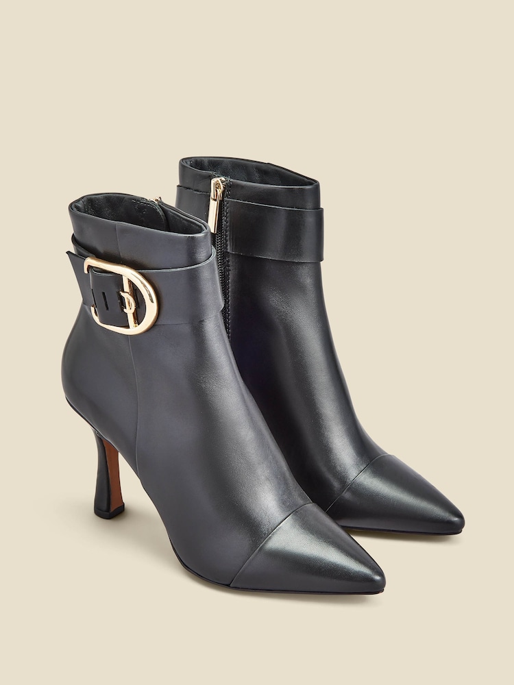 Sosandar Black Leather Buckle Detail Flared Heel Ankle Boots - Image 2 of 4