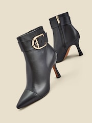 Sosandar Black Leather Buckle Detail Flared Heel Ankle Boots - Image 3 of 4