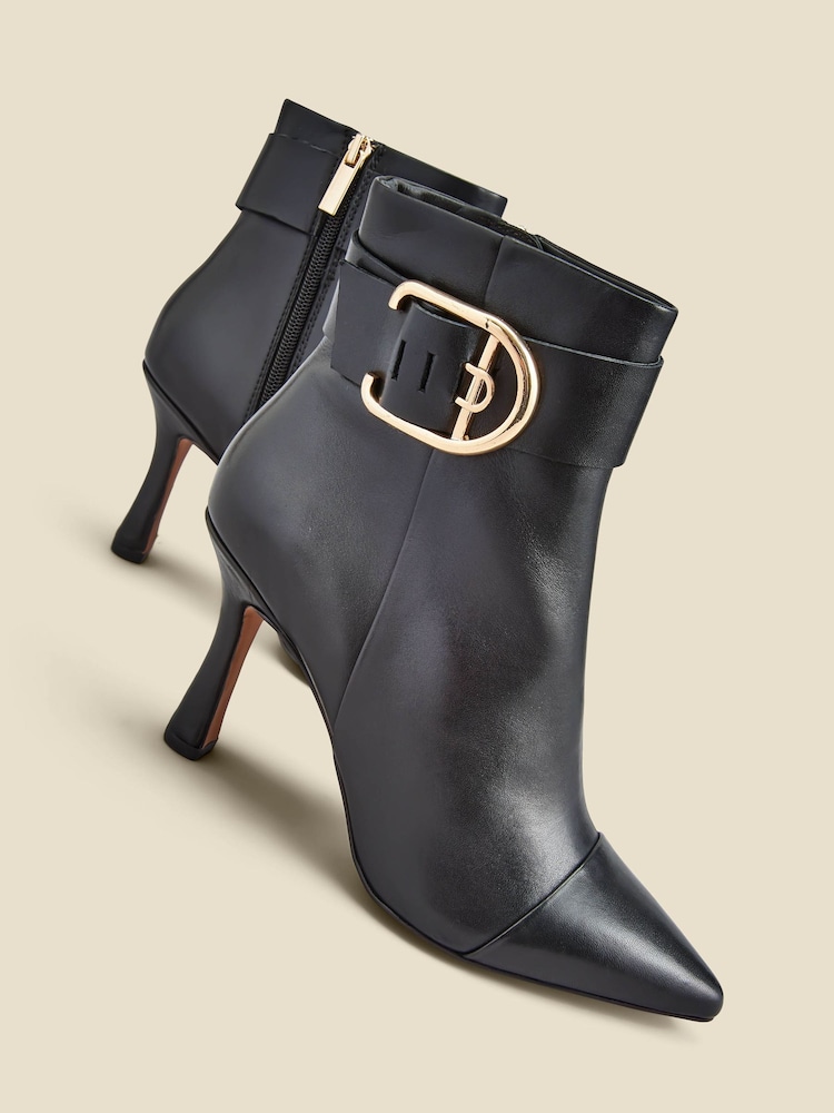 Sosandar Black Leather Buckle Detail Flared Heel Ankle Boots - Image 4 of 4