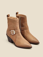 Sosandar Brown Leather Buckle Detail Western Ankle Boots - Image 2 of 4