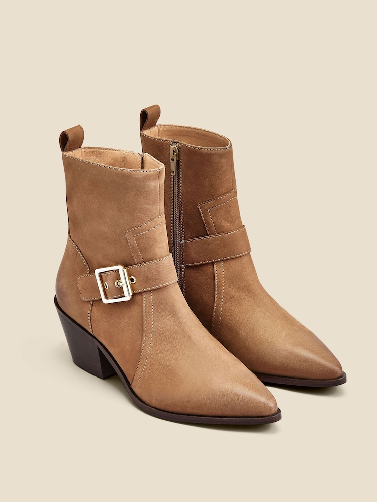 Sosandar Brown Leather Buckle Detail Western Ankle Boots - Image 2 of 4