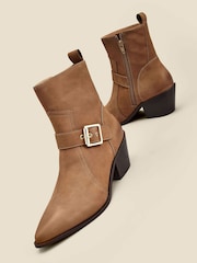 Sosandar Brown Leather Buckle Detail Western Ankle Boots - Image 3 of 4