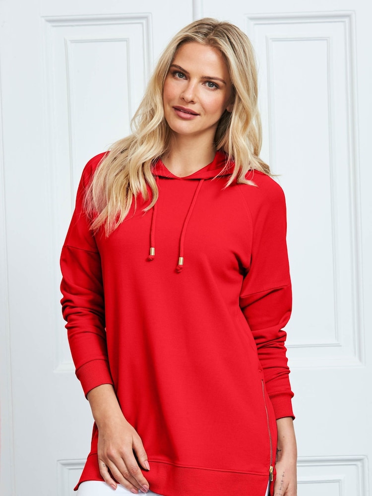 Sosandar Red Longline Hooded Sweatshirt With Gold Zip Detail - Image 1 of 4 Sosandar Red Longline Hooded Sweatshirt With Gold Zip Detail - Image 1 of 4