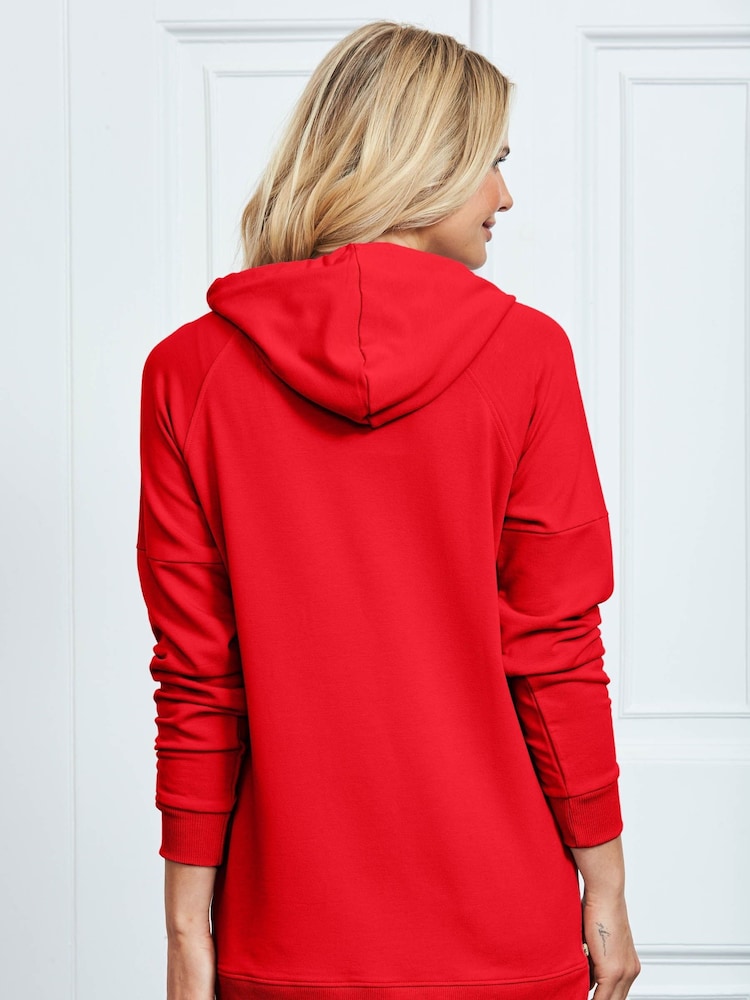 Sosandar Red Longline Hooded Sweatshirt With Gold Zip Detail - Image 2 of 4 Sosandar Red Longline Hooded Sweatshirt With Gold Zip Detail - Image 2 of 4