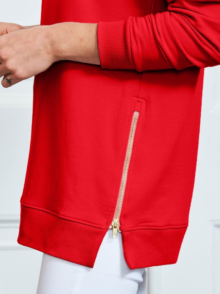 Sosandar Red Longline Hooded Sweatshirt With Gold Zip Detail - Image 4 of 4 Sosandar Red Longline Hooded Sweatshirt With Gold Zip Detail - Image 4 of 4