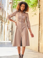 Sosandar Brown Faux Leather Popper Front Shirt Dress - Image 3 of 5