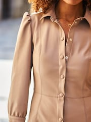 Sosandar Brown Faux Leather Popper Front Shirt Dress - Image 5 of 5