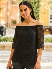 Sosandar Black Luxe Lace Bardot Blouse - Image 1 of 5