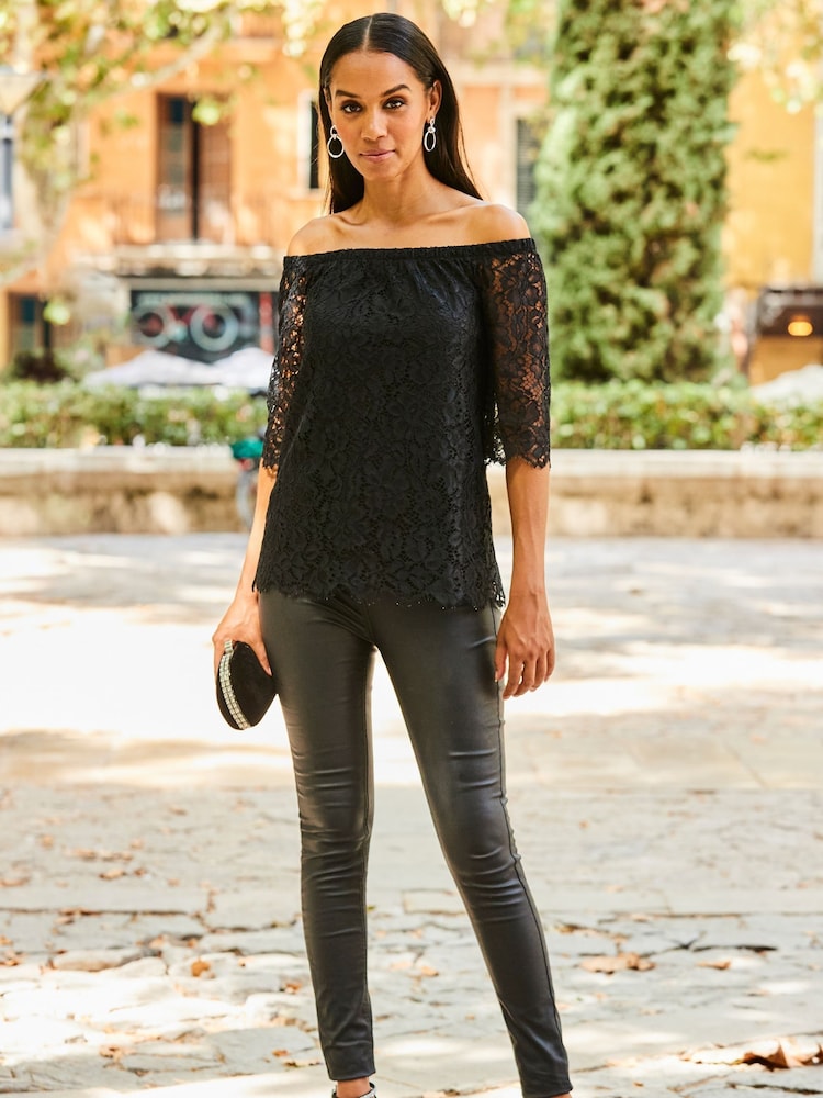 Sosandar Black Luxe Lace Bardot Blouse - Image 2 of 5