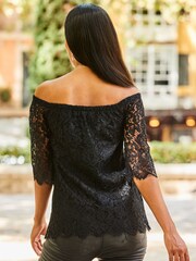Sosandar Black Luxe Lace Bardot Blouse - Image 3 of 5