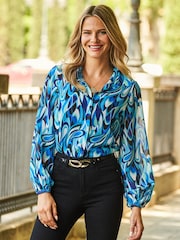 Sosandar Dark Blue Printed Button Down Shirt - Image 4 of 4